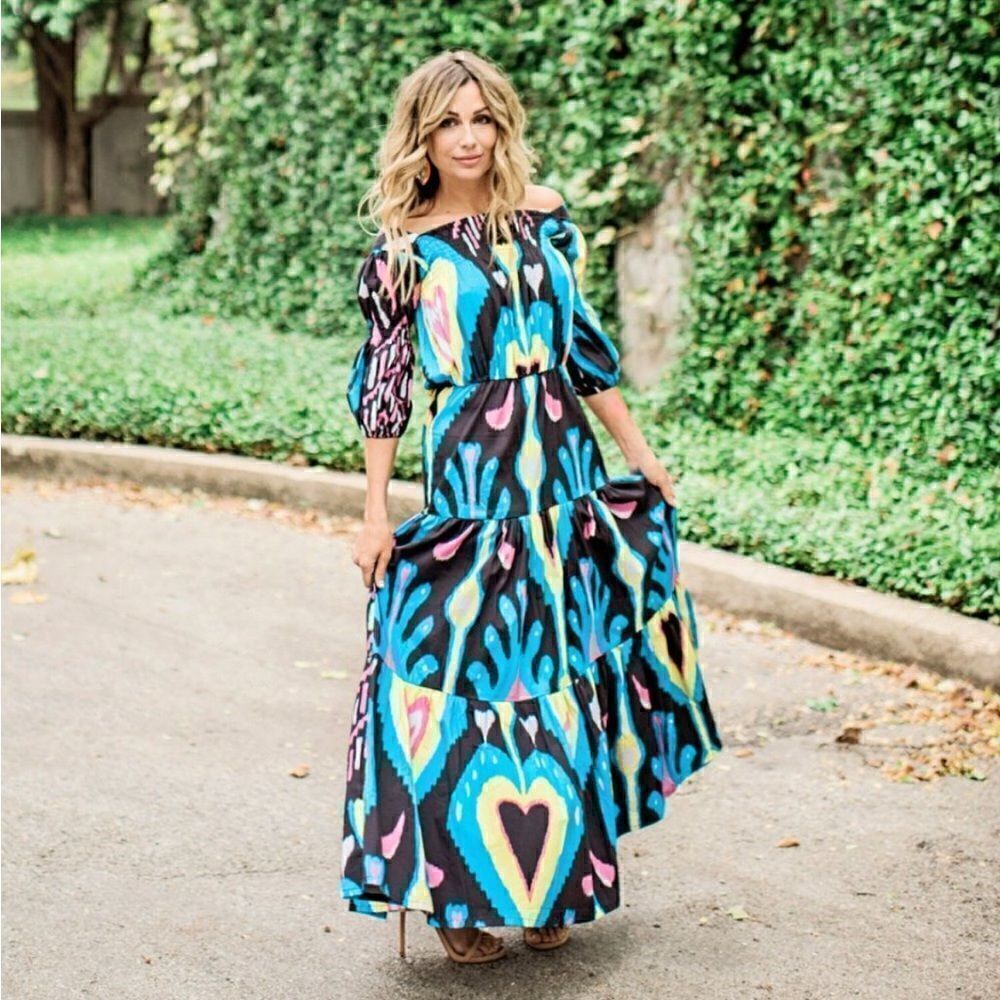 Sheridan French Women’s Size Medium Isabel Maxi Dress Black Blue Heart Ikat NWOT - Picture 3 of 14